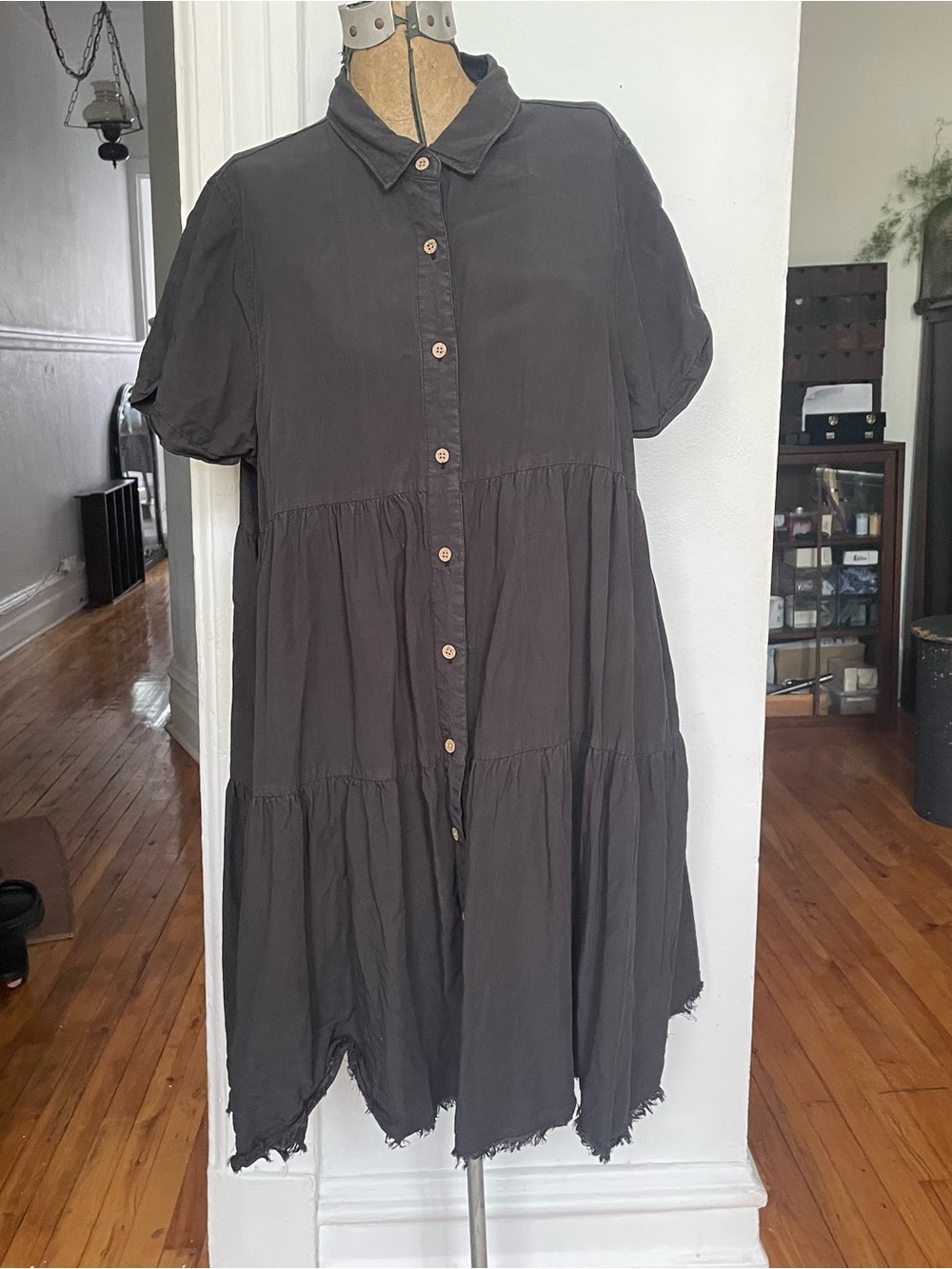 Thread & Supply Charcoal Button-Front Tiered Shirt Dress
